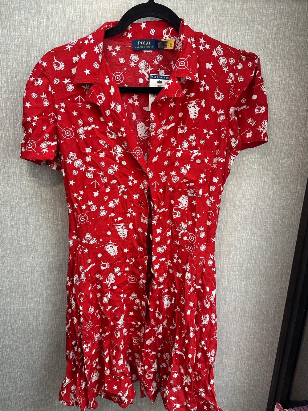 Polo by Ralph Lauren Red Button-Front Mini Dress with White Print